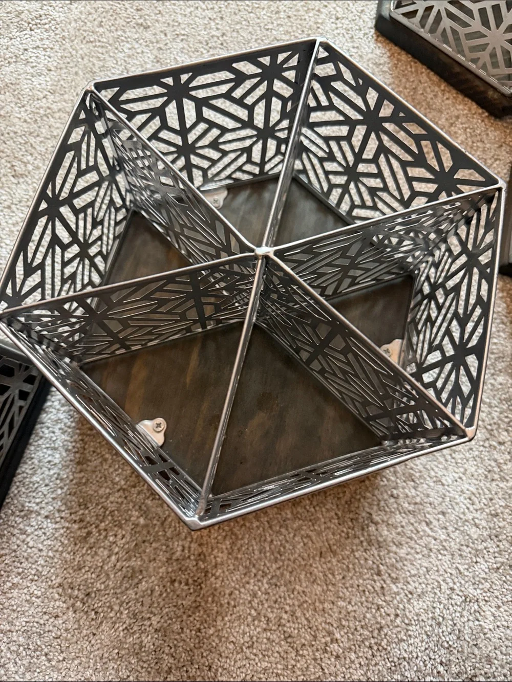 Decorative Hexagonal Metal Organizer Set in Silver. Set of 4. Wood bottoms.
